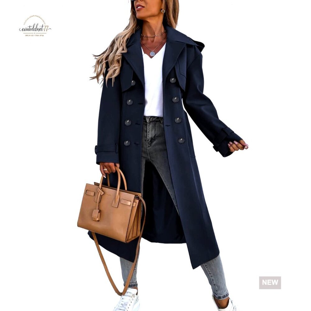 Classic Double Breasted Trench Coat Windproof Belted Overcoat Long Sleeve